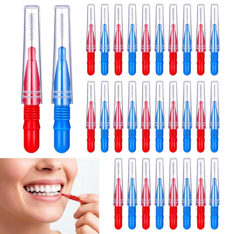 Interdental Brushes Red and Bule, 30 Brushes Tooth Cleaning Brush Plastic, Mini Interdental Cleaning, Small Brush Effective of Dental Spaces